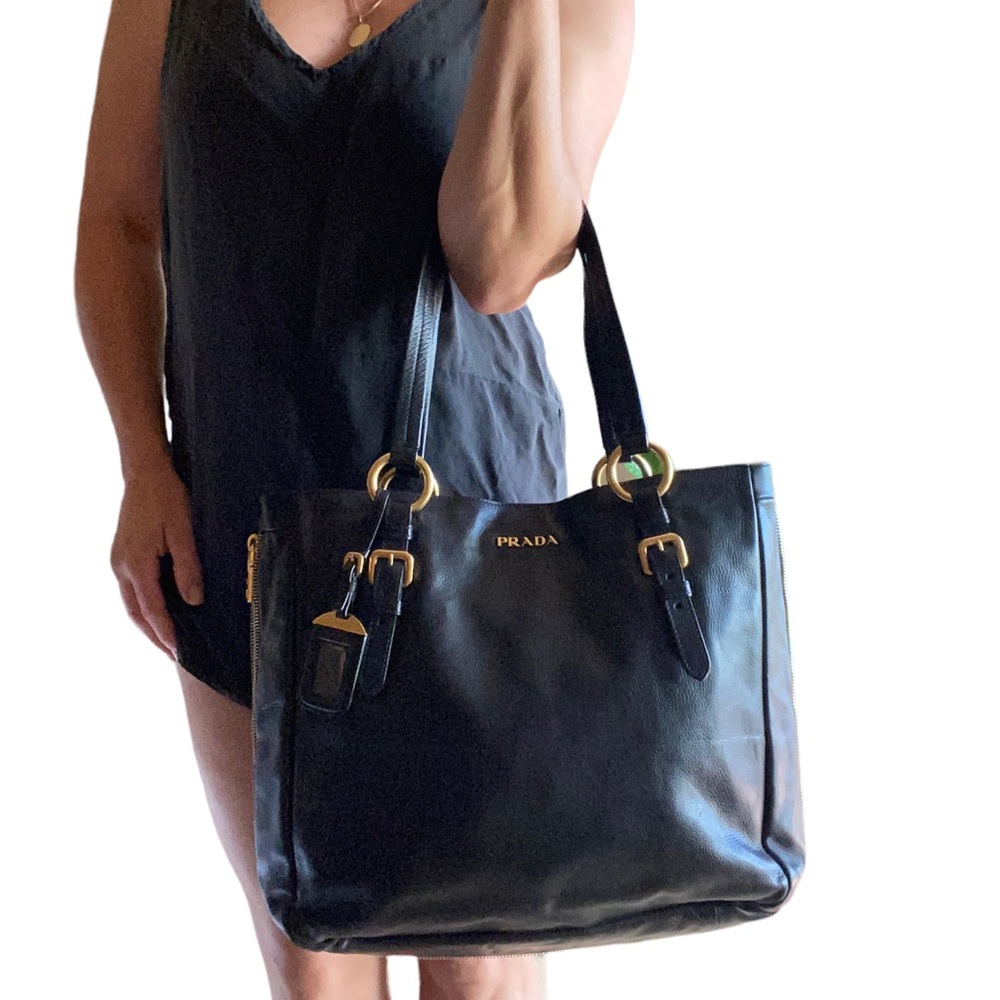 Authentic Prada black leather zipper tote bag purse